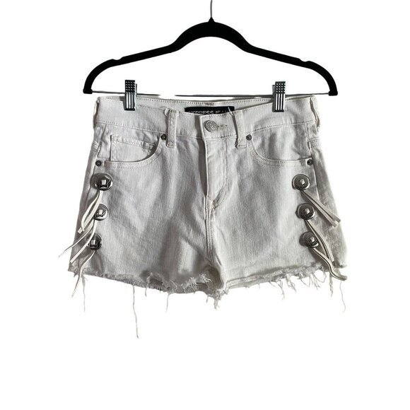 Express 2 White Denim Boho Western Rodeo Festival High Rise Cutoff Jean Shorts - Picture 1 of 8